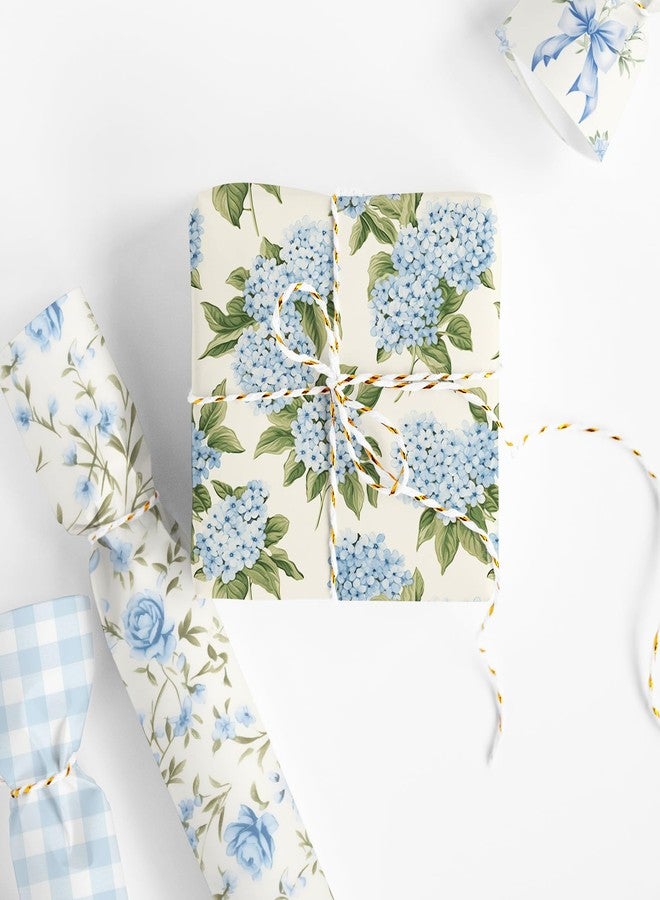 Whaline 8 Sheets Blue Bow Floral Wrapping Paper - Not Roll - Watercolor Plaid Hydrangea Gift Wrap Paper Folded Flat for Birthday Wedding DIY Crafts, 19.7 x 27.6 Inch - Image 4